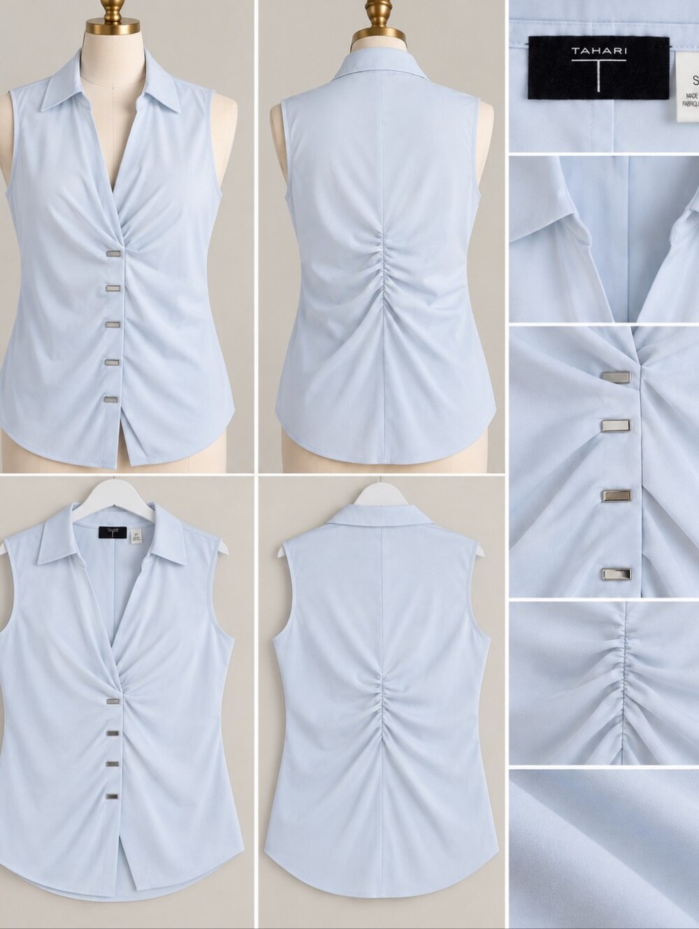 Tahari Pale Blue Sleeveless Twist-Front Blouse